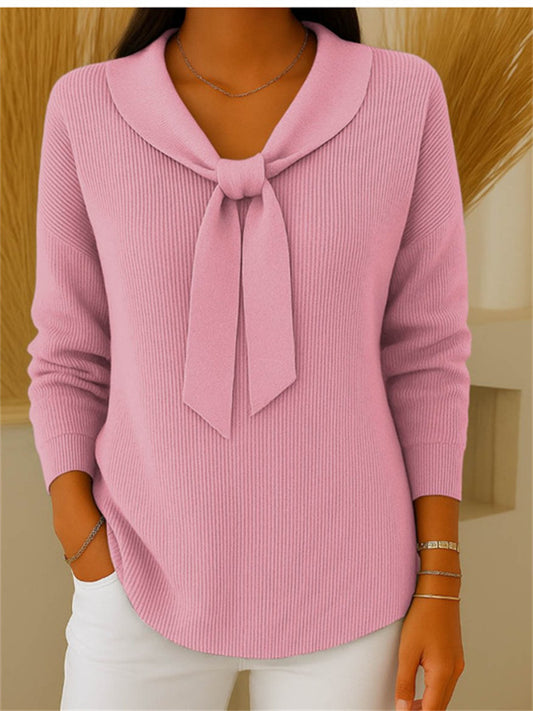 Knit Bow Sweater - New Fall/Winter Solid Color Women's Knit Top