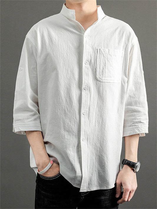Summer New Men's Cotton Linen Medium-sleeved Shirt Casual Seven-minute Sleeve Men's Shirt Thin Section Loose Stand-up Collar Blouse