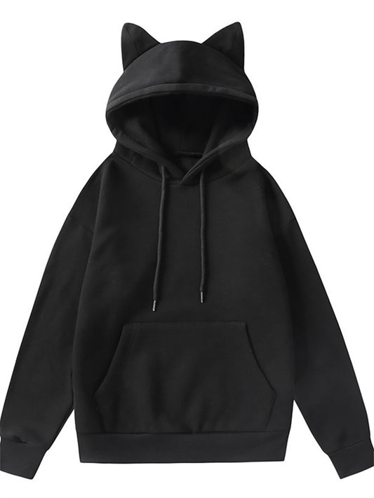 Autumn and Winter New Women's Cat Ears Design Hooded Fleece Loose Type Pullover Long-sleeved Sweater