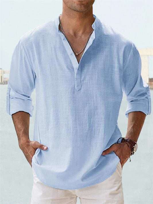 Men's Linen Shirt Casual Shirt Beach Shirt Henley Shirt Black White Pink Long Sleeve Plain Henley Spring & Summer Hawaiian Holiday Clothing Apparel