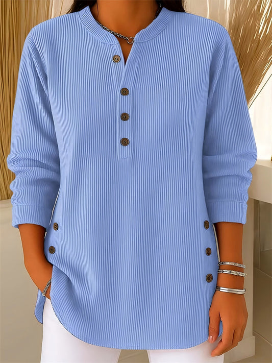 Fall/Winter New Arrival Corduroy Solid Color Relaxed-Fit Casual V-Neck Button-Up Long-Sleeve Women's Top T-shirt