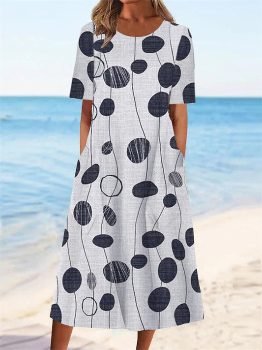 Hot Summer Fashion Women's Dress Round Collar Without Buckle Short Sleeve Print Temperament Elegant Leisure Wind Pocket Long Dress