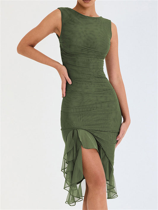 Summer Ladies New Fashion Mesh Tight Solid Color Temperament Pleated Dresses
