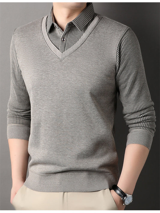 Men's Sweater Knit Shirt Collar Fleece-Lined Thickened Warm Faux Two-Piece