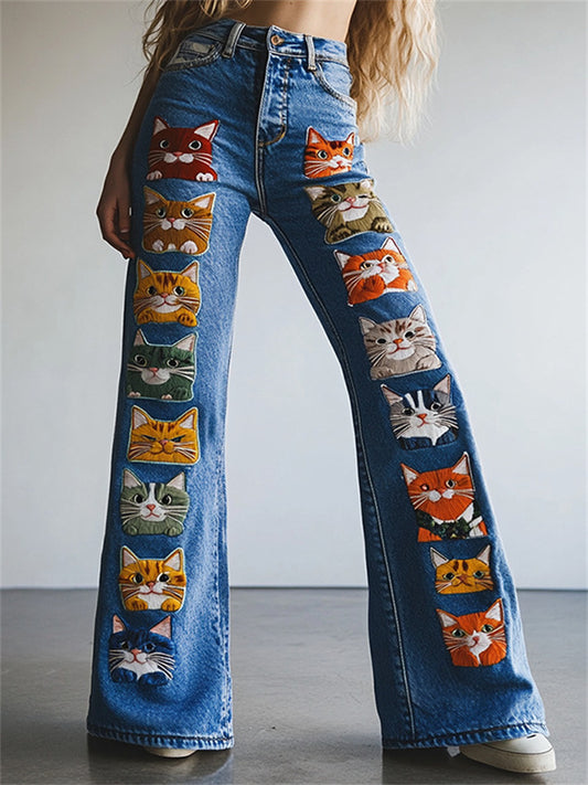 New Arrival Women's Fashion Denim 3D Printed Flared Jeans Long Pants