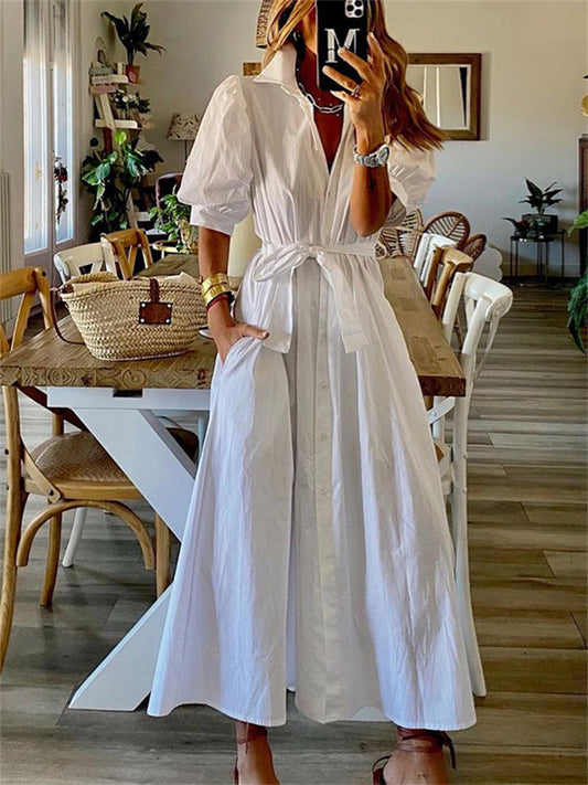 Women's Shirt Dress Casual Dress Maxi long Dress Outdoor Daily Vacation Polyester Fashion Casual Shirt Collar Lace up Ruched Half Sleeve Summer Spring Fall 2023 Regular Fit Black White Plain S M L XL