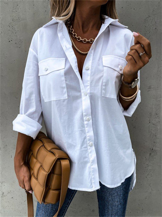 Hot Sale Autumn and Winter Solid Color Irregular Loose Long Sleeve Lapel Commuter Fashion Shirt Top