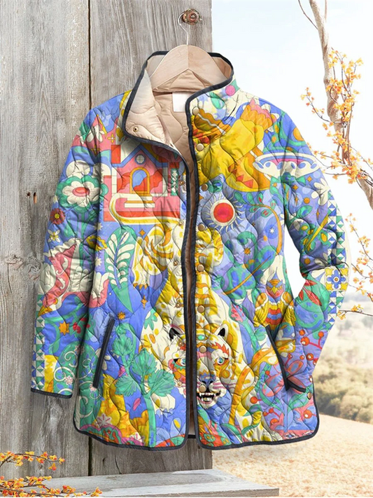 New Style Stand Collar Quilted Women's Hoodie Floral Pattern Print Women's Cotton Jacket