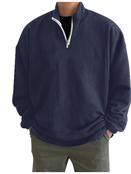 Sports Padded Pullover Loose Solid Color Sweatshirt Green Retro Sweatshirt Men's Zipper Standing Collar Hoodless Jacket