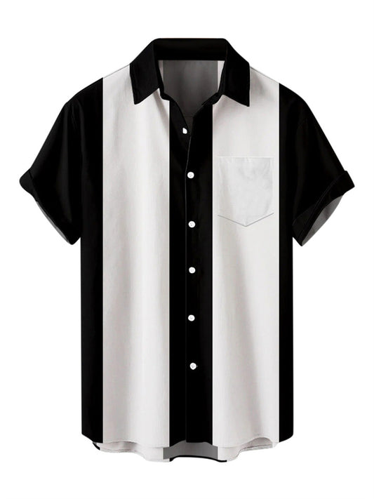 Men's Shirt Bowling Shirt Button Up Shirt Summer Shirt Black-White Black / Gray Blue Short Sleeve Color Block Turndown Outdoor Street Button-Down Clothing Apparel Fashion 1950s Casual Breathable