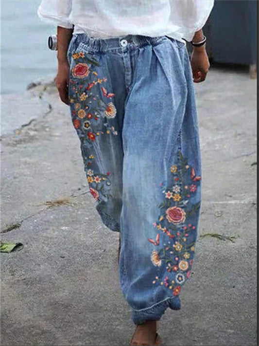 Women's Joggers Pants Trousers Jeans Denim Faux Denim image 3 Picture color 1 Picture color 2 Mid Waist Fashion Casual Weekend Print Micro-elastic Full Length Comfort Flower / Floral S M L XL 2XL