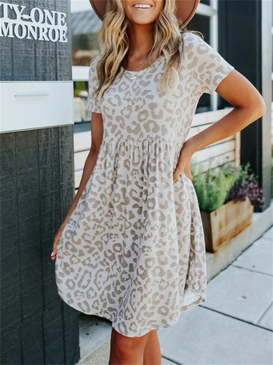 Short-sleeved Dress Summer New Leopard Print Round Neck Waist Short Skirt Female