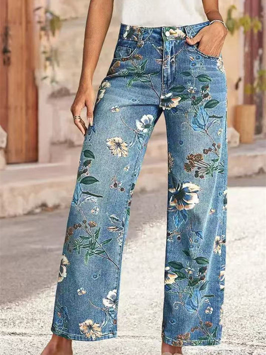 Women's Printed Straight-Leg Wide-Leg Jeans for Spring and Fall