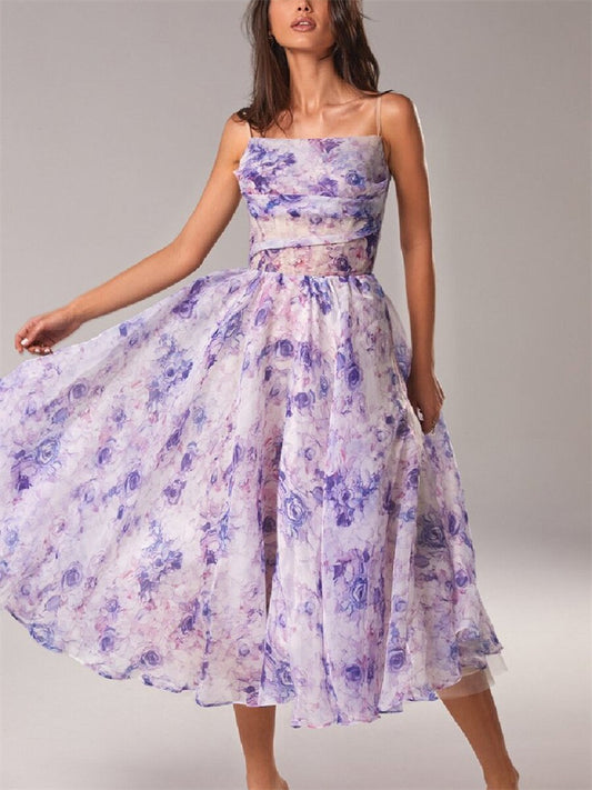 Summer New Halter Women's Bustier Sleeveless Print Swing Back Zipper Type High Waist Elegant Wind Dress Temperament Commuter Style