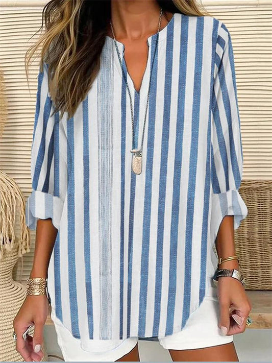 Big Size Women's Summer Small V-neck Long Sleeve Crushed Flower Simple Casual Long Sleeve T-shirt