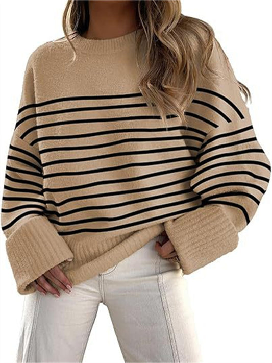 New Women's Sweater Women's Round Neck in Autumn and Winter Loose Striped Sweater