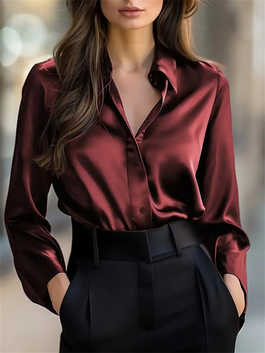Women's Fall Solid Color Fashionable Elegant Long-Sleeve Button-Up V-Neck Shirt