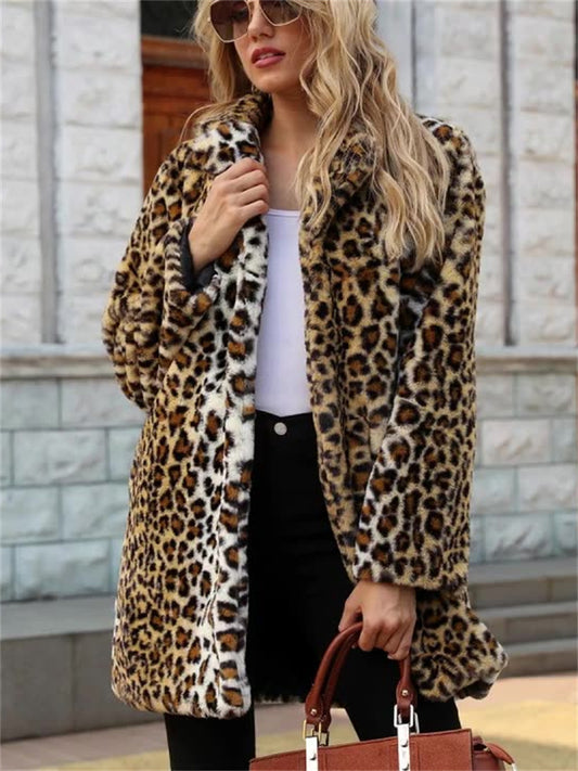 Women's New Autumn/Winter Leopard Print Suit Collar Mid-Length Faux Fur Coat