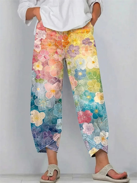 Women's New Summer Style Loose-Fit Printed Straight-Leg Denim-Look Pants