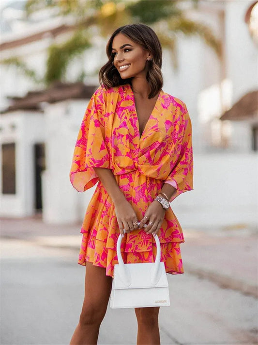 Temperament Commuter Printed V-Neck Twist Waisted Bat Sleeve Ruffle High Waisted Short Sleeve Short Dress Dress