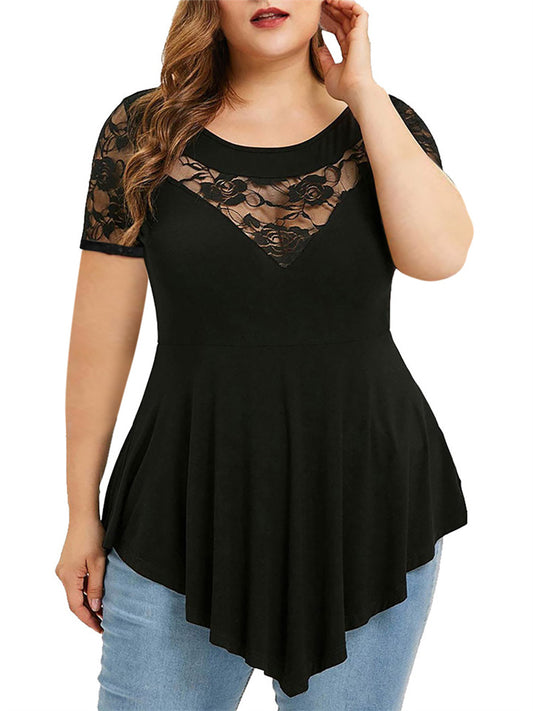 New Arrival Women's Plus Size Floral Lace Short-Sleeve Asymmetrical Hem Sheer Round Neck Top