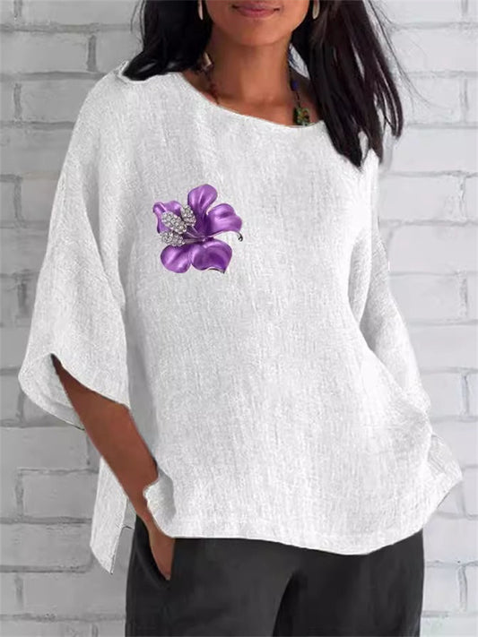 New Seven-sleeved Short-sleeved T-shirt Purple Flowers Round Neck Short-sleeved Casual T-shirt