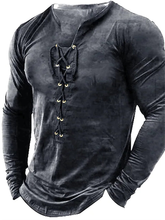 Men's T shirt Tee Solid Color V Neck Light Purple Green Black Purple Yellow 3D Print Outdoor Street Long Sleeve Lace up Clothing Apparel Basic Fashion Streetwear Designer