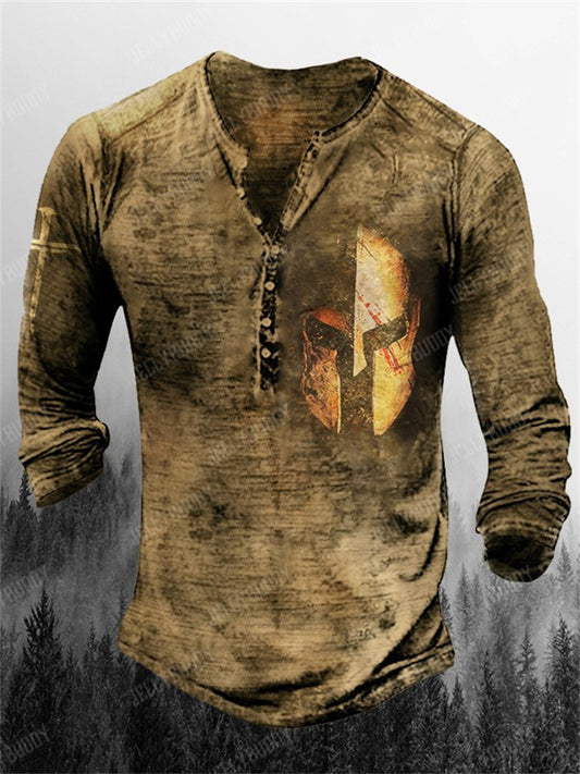 Men's Spring/Fall 3D Pattern Fashion Loose-Fit Long-Sleeve 7-Button V-Neck T-Shirt