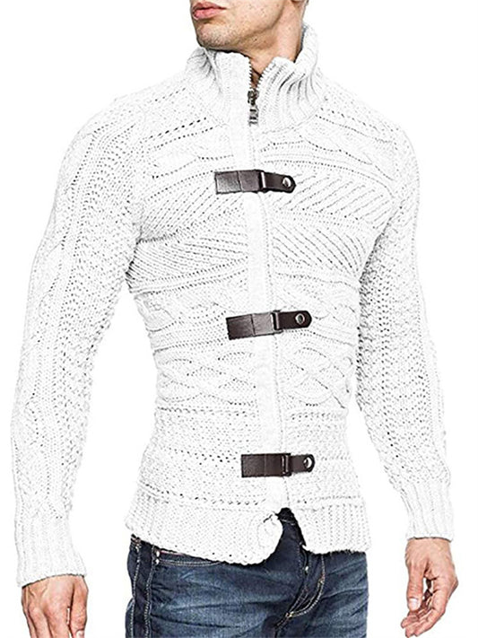 Autumn and Winter High-neck Sweater Men's Leather Buckle Long-sleeved Knitted Cardigan Jacket Large Size Commuter Men's Clothing
