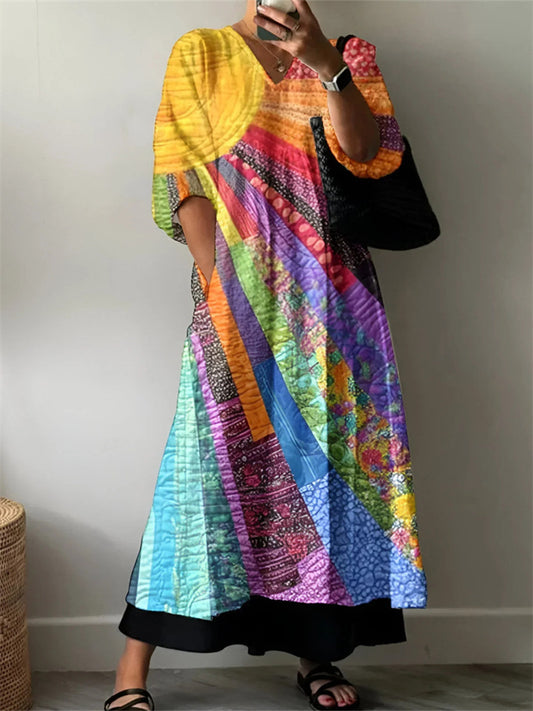 New Women's New Casual Women's Fashion Tie-Dye Printed V-Neck Mid-Length Dresses