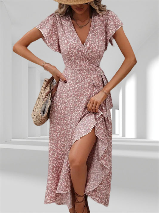 Summer New Arrival Women's V-Neck Belted Wrap Maxi Dress Bohemian Wide-Hem Vacation Dress