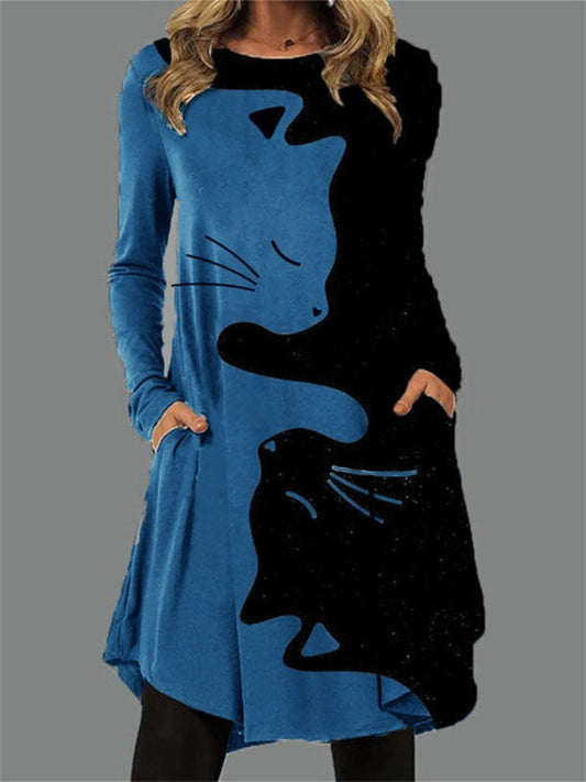 Fall and Winter Models of The New Fashionable New Cat Digital Printing Loose Waist Urban Casual Commuter Style Long-sleeved Skirt