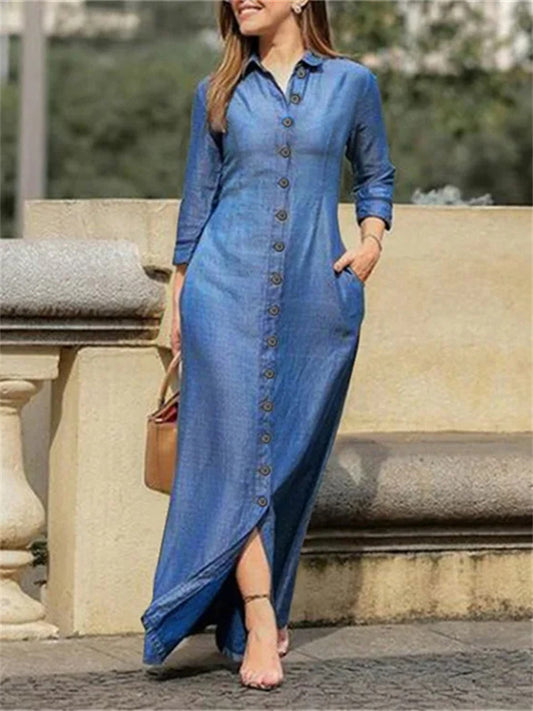 New Arrival Maxi Dress Shirt Collar Full Skirt Plus Size Casual Denim Dress