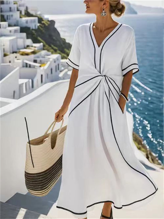 Summer Women's New Bohemian Style Elegant Dress V-Neck Long Skirt