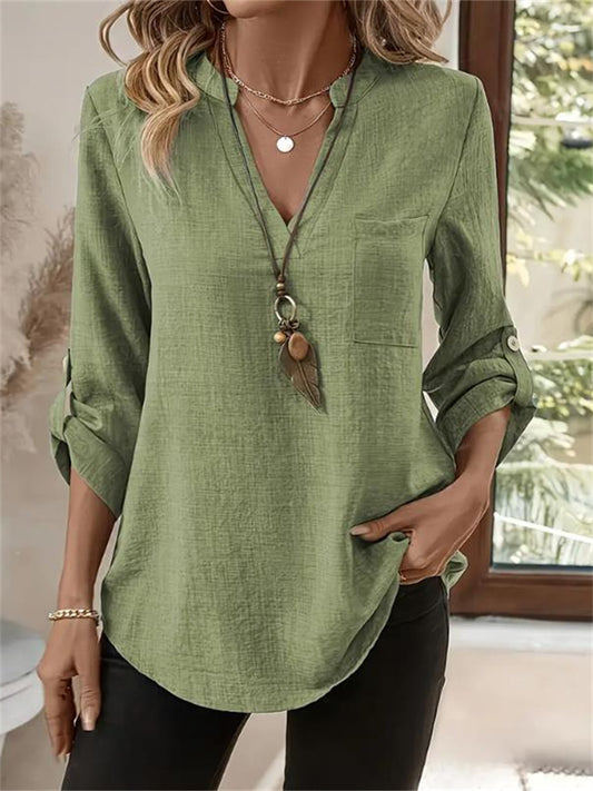 Spring/Summer New Arrival Women's Loose-Fit Plus Size V-Neck Solid Color Three-Quarter Sleeve Shirt
