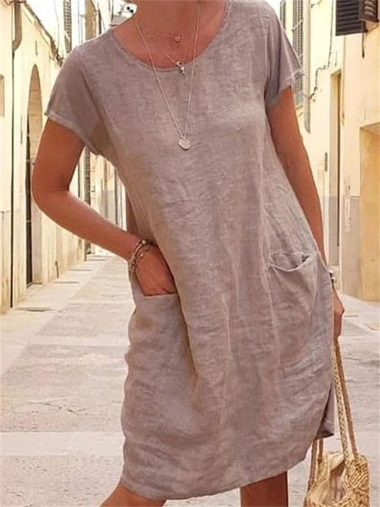 Women's Shift Dress Knee Length Dress Short Sleeve Pure Color Pocket Spring Summer Crew Neck Basic Casual Classic Loose 2022 S M L XL 2XL 3XL 4XL 5XL / Cotton