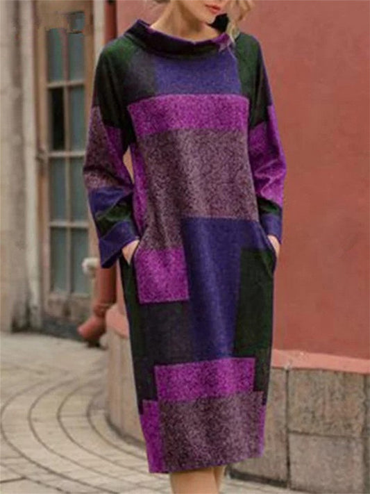 Autumn Plus Size Women's Sweatshirt with Vintage Print Relaxed Fit Mid-Length Dress