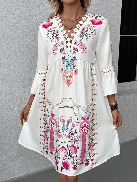 Women's Summer New Arrival V-Neck Lace Casual Print Dress S-5XL