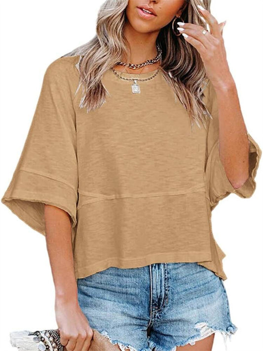 New Summer Solid-Color Round-Neck Three-Quarter-Sleeve Flared-Sleeve Loose-Fit T-Shirt