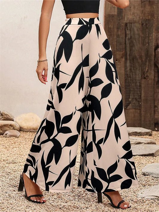 Summer Women's Chiffon Leaf-Print Casual Pants Elegant High-Waisted Printed Wide-Leg Pants