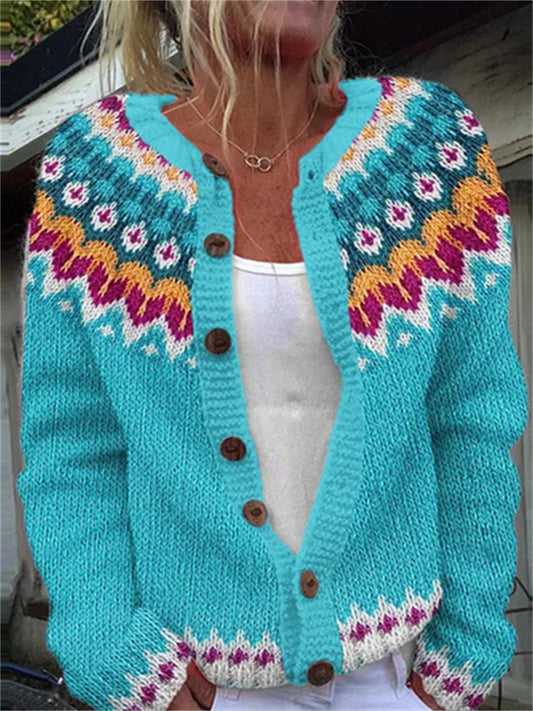 Women's New Winter Cardigan Sweater Coat Warm Button-Up Sweater Printed Sweater