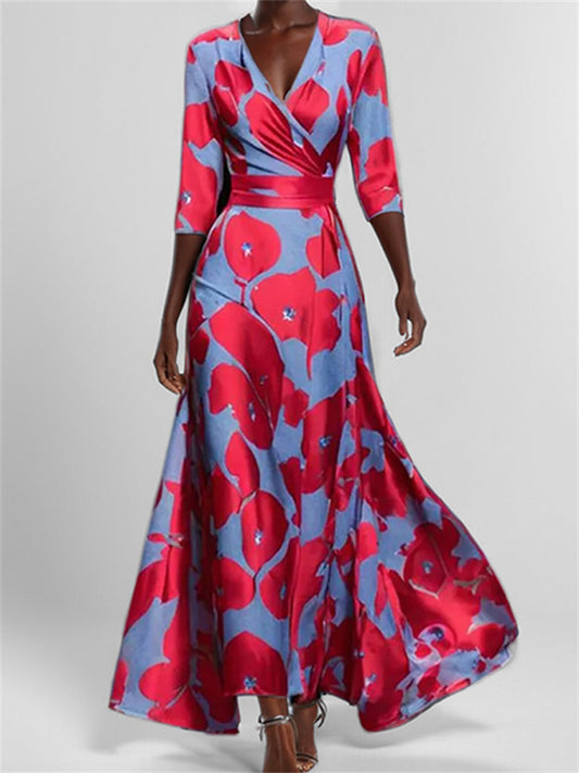 Women's Dress New Temperament Waist Slim Printed V-neck Long-sleeved Dresses