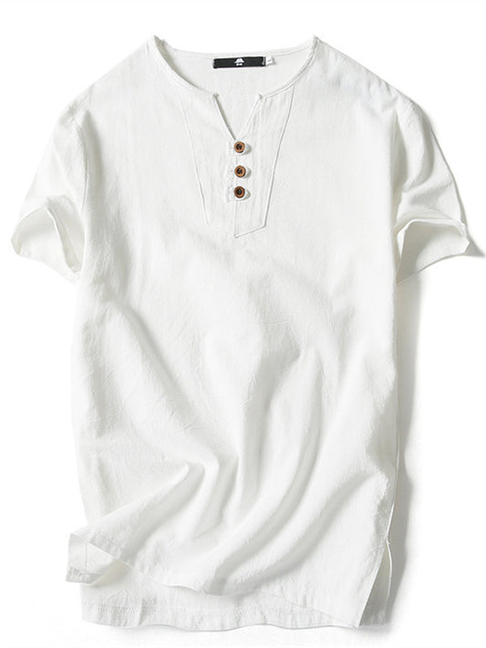 Men's Linen Shirt Summer Shirt Henley Shirt Plain V Neck Casual Daily Short Sleeve Clothing Apparel Fashion Comfortable