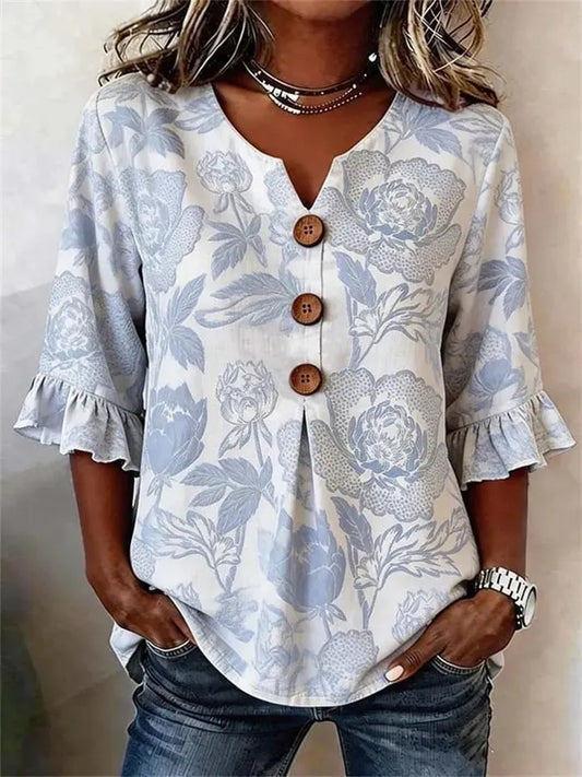 Women's Lace-Sleeve Short-Sleeve Casual Loose-Fit V-Neck Shirt