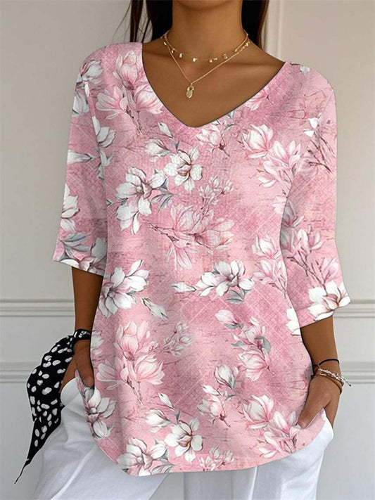 New 3D printed women's floral V-neck shirt top