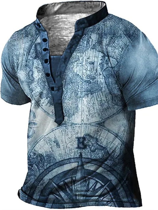 Men's Henley Shirt T Shirt Tee Tee Graphic Map Henley Yellow Light Green Black / Brown Brown 3D Print Plus Size Outdoor Daily Short Sleeve Button-Down Print Clothing Apparel Designer Basic Casual