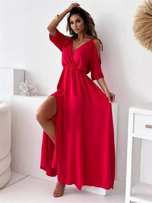 Women’s Solid-Color Sexy Spaghetti-Strap Three-Quarter Sleeve Midi Dress