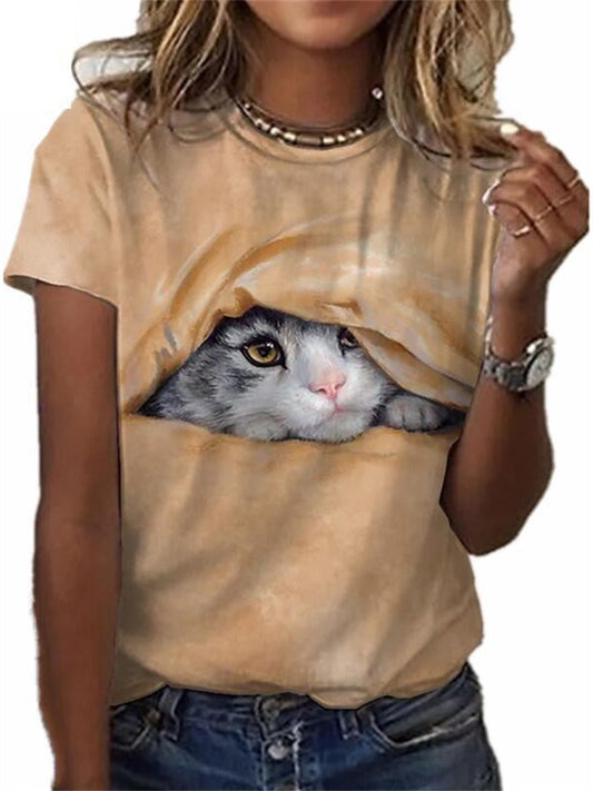 Black Cat T-shirt Orange Short-sleeved Cat Design Print Women's Summer Tops