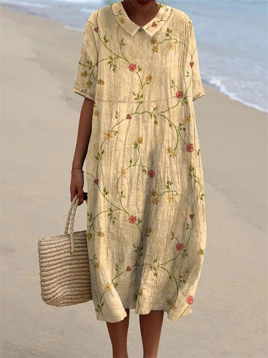 New Large Size Women's Shirt Short-sleeved Dress Vintage Botanical Print Dresses