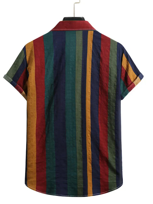 Men's Shirt Striped Collar Street Daily Button-Down Short Sleeve Tops Cotton Casual Hawaiian Comfortable Green